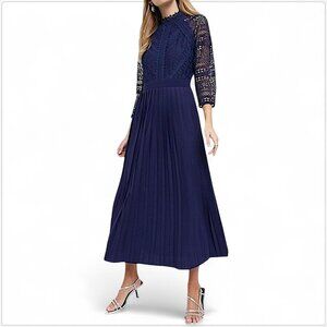 Little Mistress Navy Blue High Neck Lace Bodice Pleated Skirt Midi Dress NWT 6